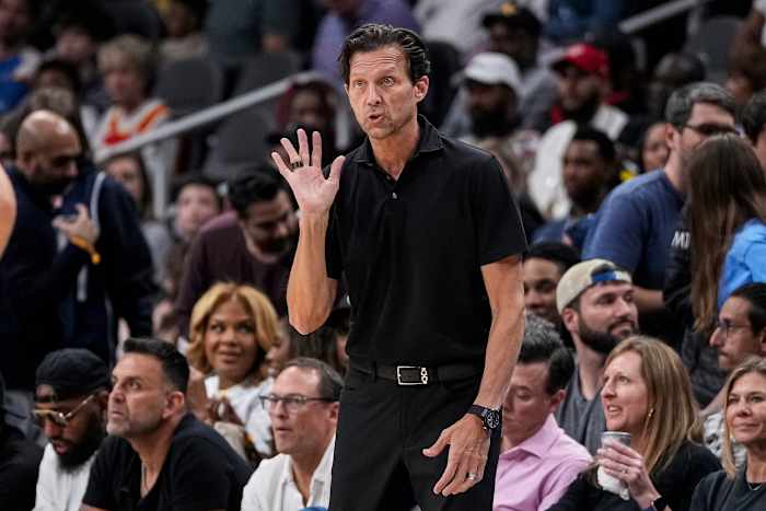 Atlanta Hawks coach Quin Snyder instructs his team from the sidelines.